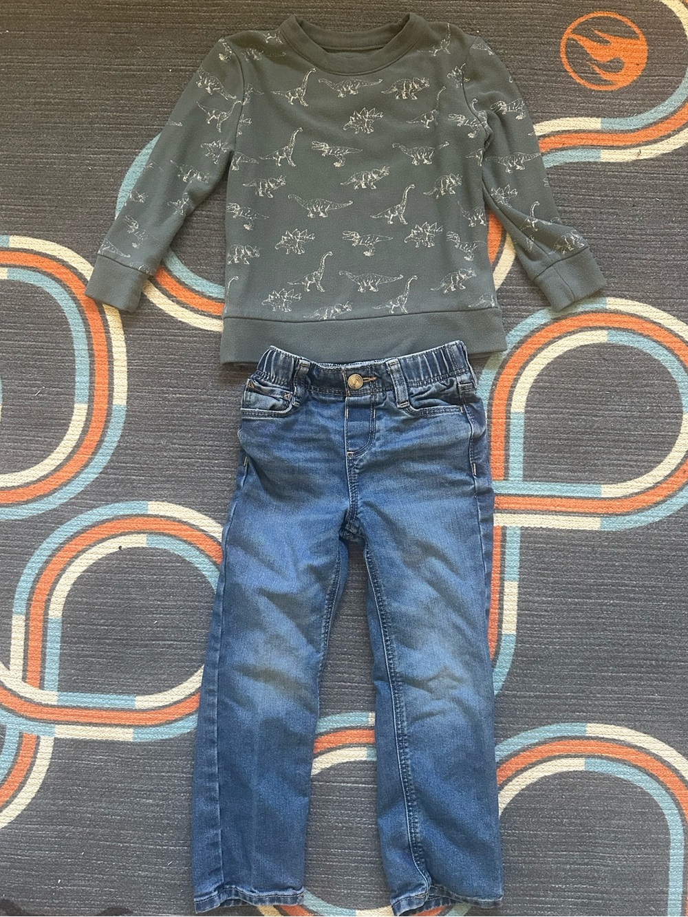 Kids' Dusty Blue Soft Dino Sweatshirt and Classic Blue Denim Jeans Set